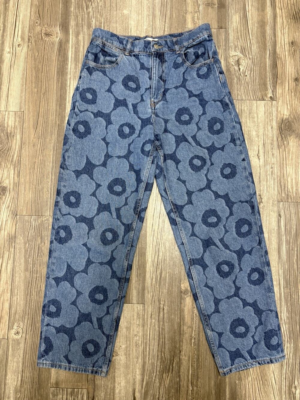 MARIMEKKO Maridenim Barrel Jeans Unikko Print Blue Denim Pants Womens 28W 28L
